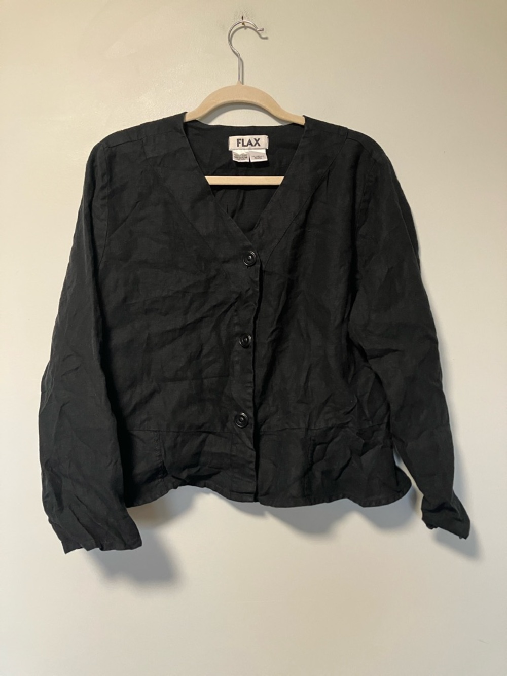 Flax Black Linen V-Neck Button Jacket